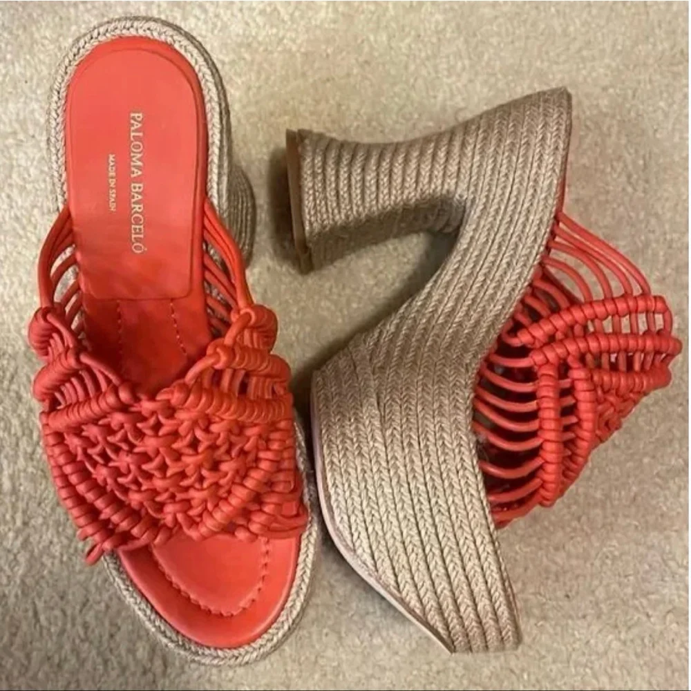 NWT Paloma Barcelo Elna Coral & Beige Woven Espadrille Wedges 41/10-10.5